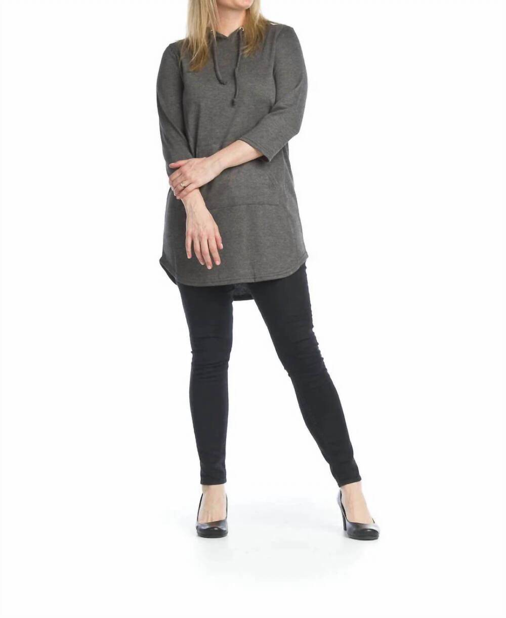 NEW PAPILLON 3/4 sleeve hoody dress with kangaroo pockets in charcoal